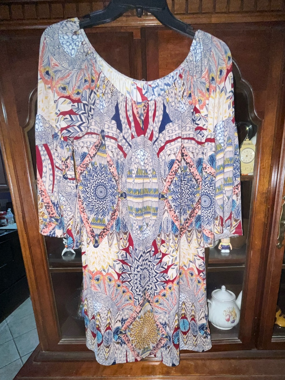 Umgee Feather Print Boho Babydoll Dress Bohemian Style Medium Multicolor NO TAGS